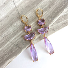 Long Purple Amethyst Glass Stone Gold Earrings