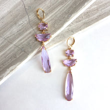 Long Purple Amethyst Glass Stone Gold Earrings