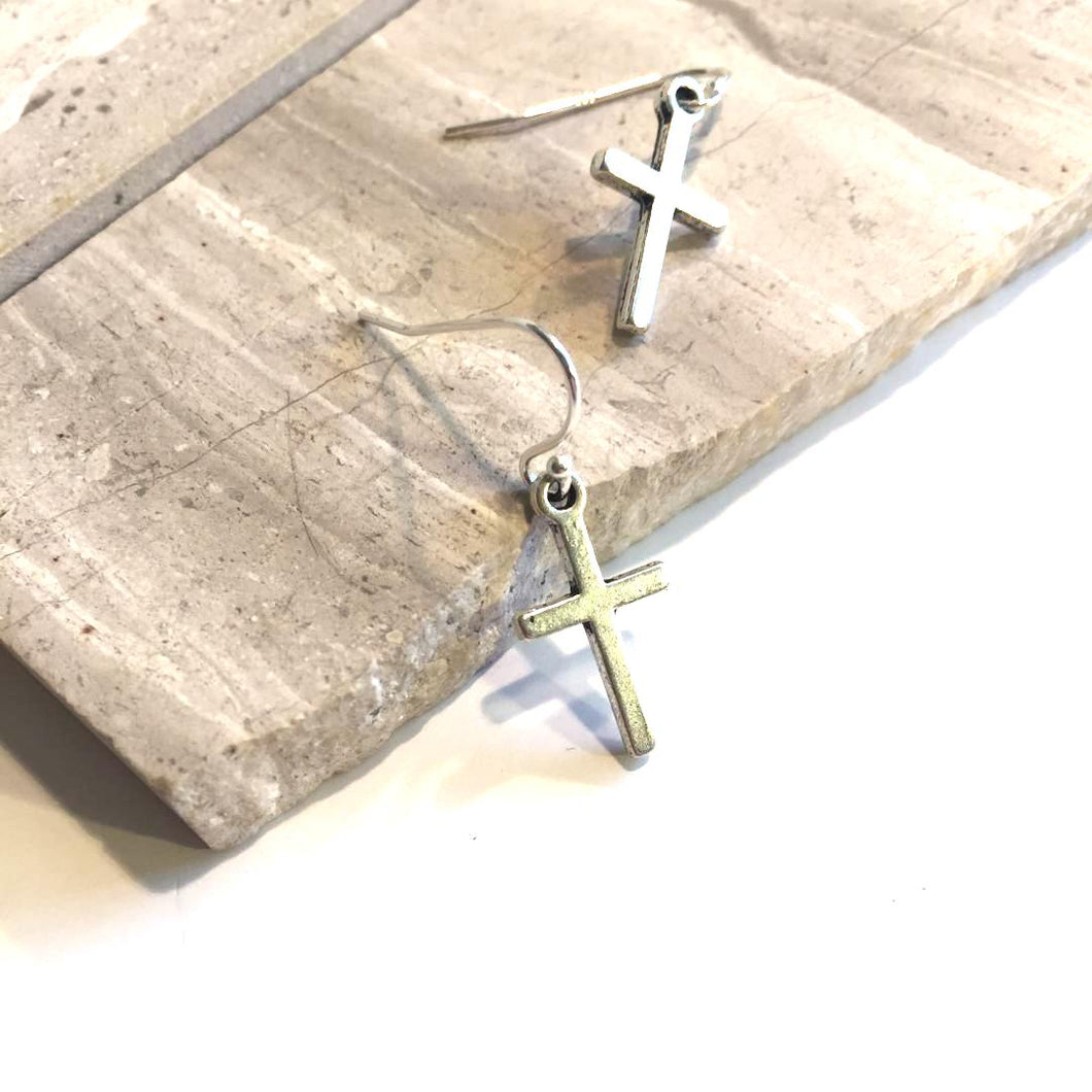 Tiny Cross Charm Earrings — Silver