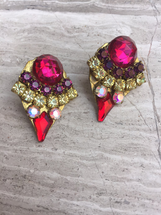 Vintage Rhinestone Post Earrings— Fuchsia