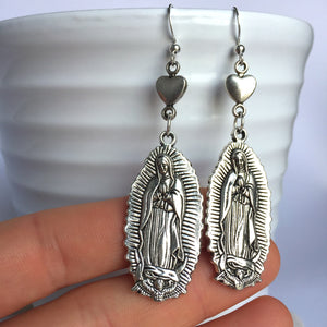 Silver Virgin Mary Heart Earrings