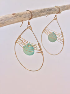 Woven Droplet Earrings — Aqua Chalcedony, hanging