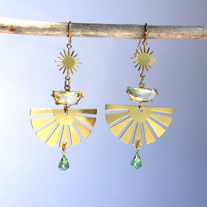 Yellow Crystal, Golden Sun, green opal dangle Earrings