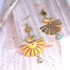 Yellow Crystal, Golden Sun, green opal dangle Earrings