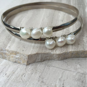 White Pearl — Silver Bangle Bracelet, two