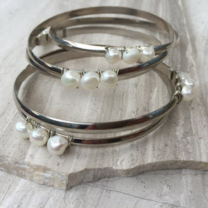 White Pearl — Silver Bangle Bracelet, stack