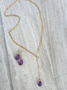 Cancun Lariat Necklace, Amethyst with Wrapped Earrings