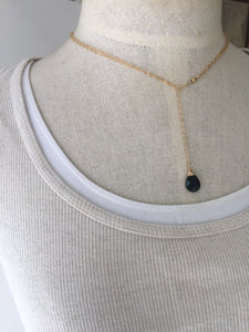 Cancun Lariat necklace, gold, black glass droplet