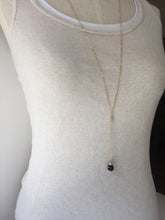 Cancun Lariat necklace, gold, black glass droplet