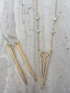 CZ Art Deco Triangle Necklace gold, CZ spike earrings gold