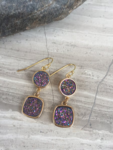 Druzy Square Dangle Earrings — Purple