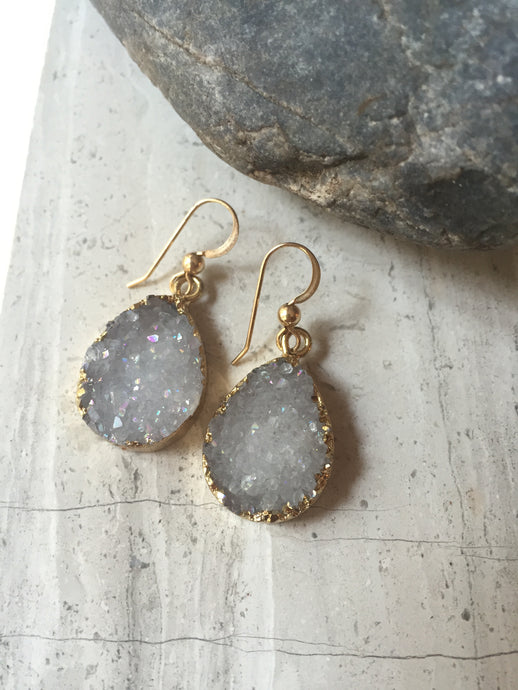 Druzy Drop Earrings, grey, gold 