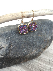 Druzy Square Earrings — Purple, gold