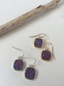 Druzy Square Earrings — Purple, gold and silver