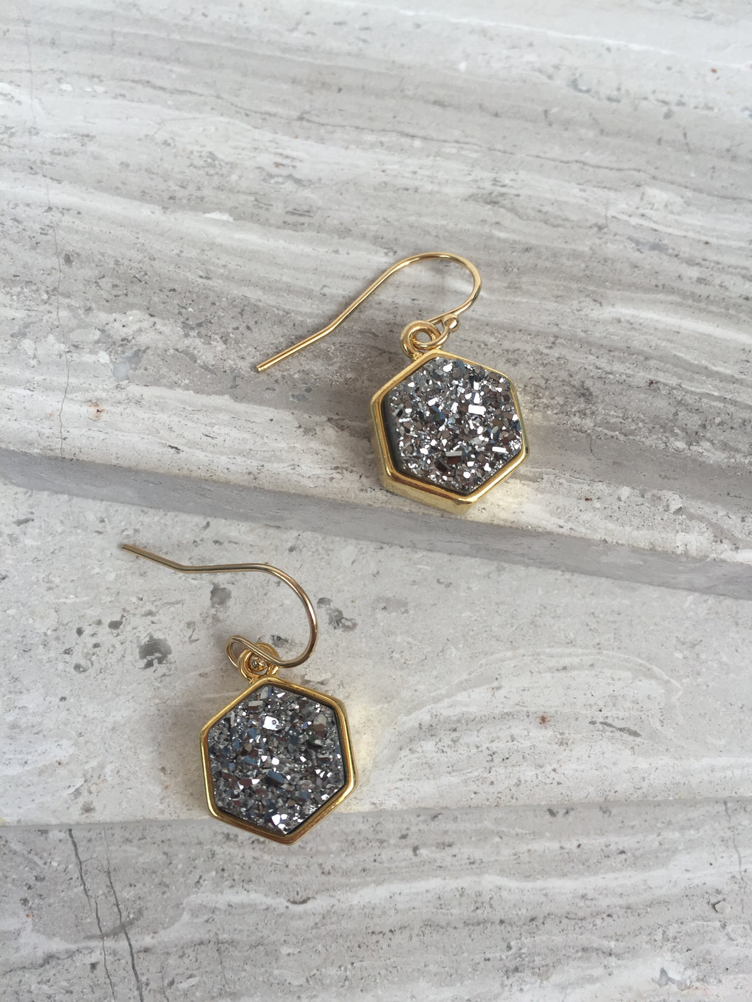 Druzy Hexagon Earrings— Silver