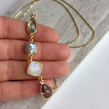 Gemstone row long necklace, Labradorite, chocolate moonstone, rainbow moonstone, smoky quartz