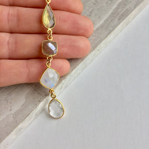Gemstone row long necklace, Labradorite, chocolate moonstone, rainbow moonstone, clear quartz