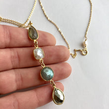Gemstone row long necklace, Labradorite, chocolate moonstone, labradorite, pyrite 