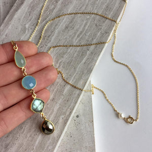 Gemstone row long necklace, Aqua Chalcedony, blue chalcedony, Labradorite, pyrite