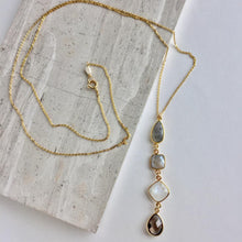 Gemstone row long necklace, Labradorite, chocolate moonstone, rainbow moonstone, smoky quartz