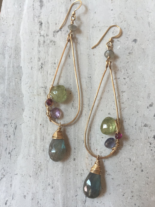 Gemstone Mix Earrings - Green Garnet, gold, labradorite