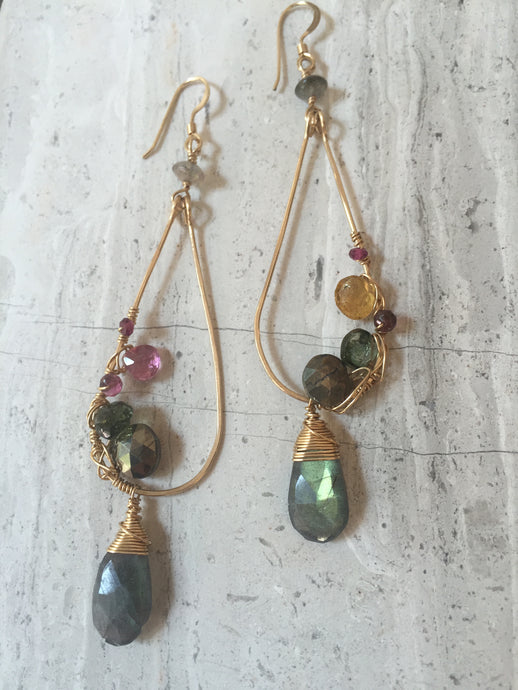 Gemstone Mix Earrings - Pyrite, labradorite, citrine, tourmaline, gold