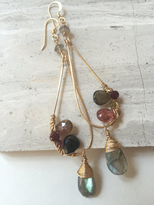 Gemstone Mix Earrings - Tourmaline, labradorite, gold, one of a kind
