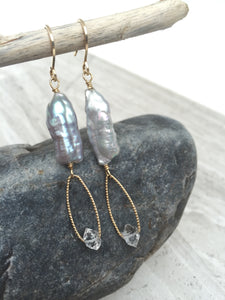 Pearl and Herkimer Diamond Earrings gold
