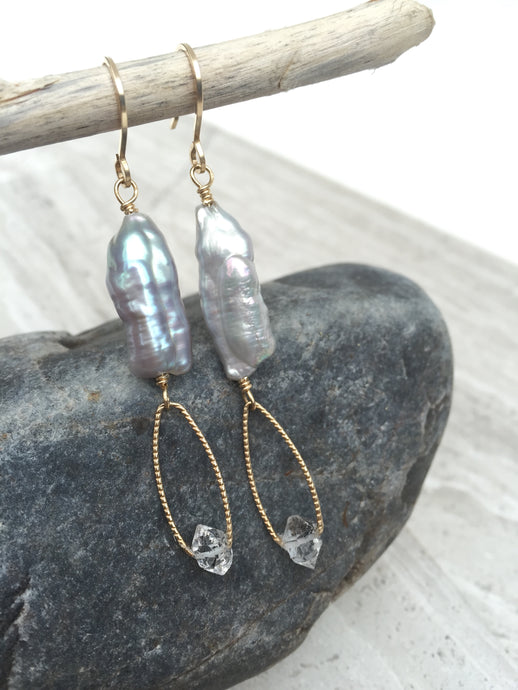 Pearl and Herkimer Diamond Earrings gold