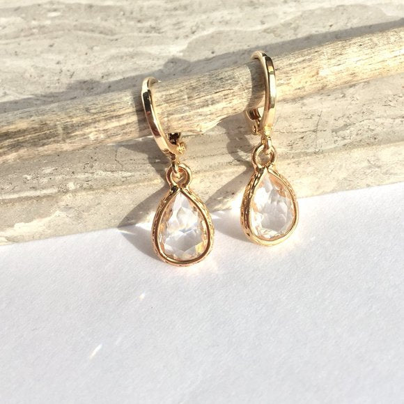 JPeace Designs Small Clear Crystal drop Gold Huggie Earrings