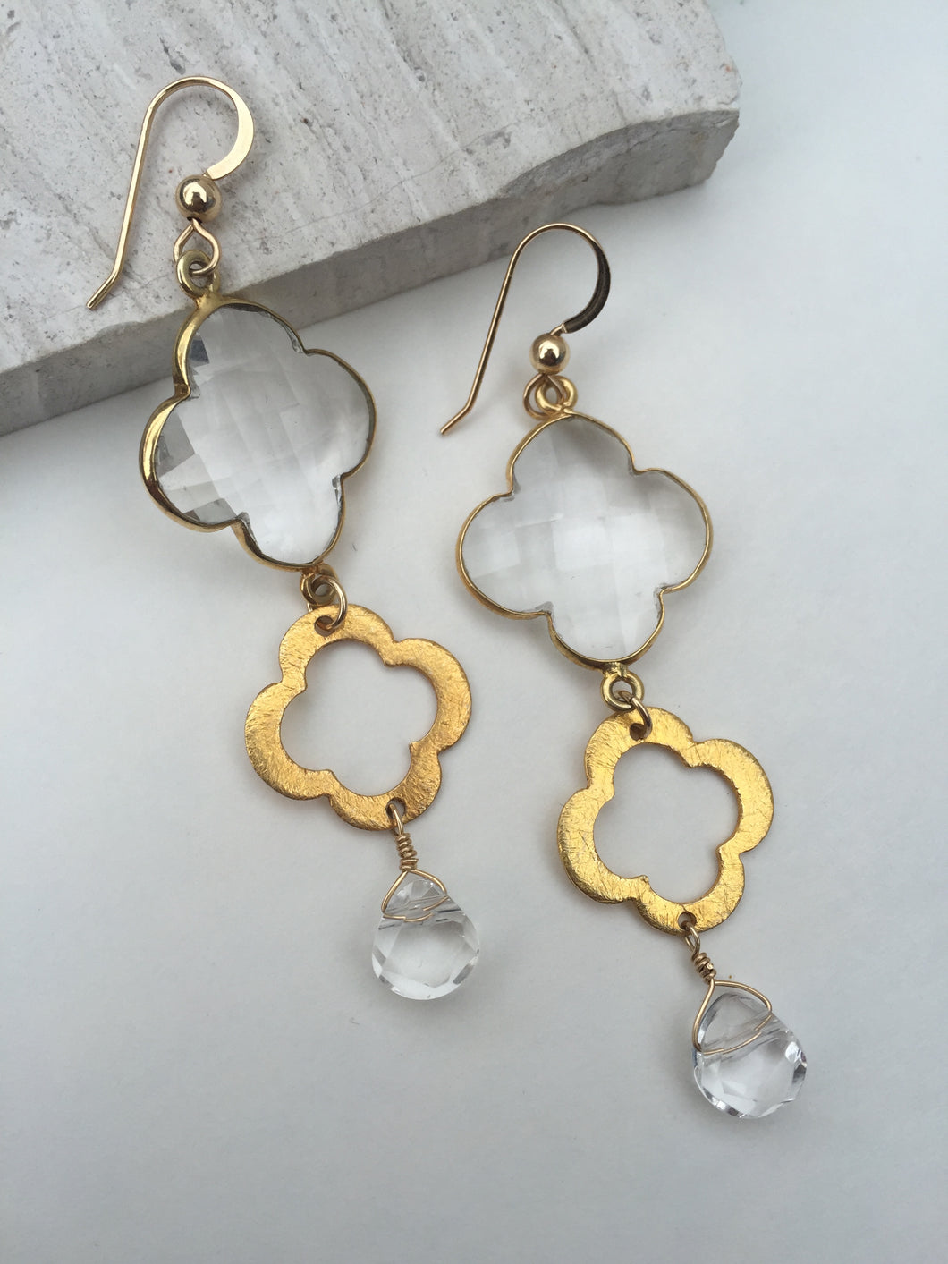 Quartz Crystal Quatrefoil Earrings gold