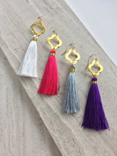 Bushed Quatrefoil Tassel Earrings— white, hot pink, light grey, rich purple