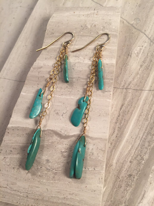 Turquoise waterfall earrings, gold
